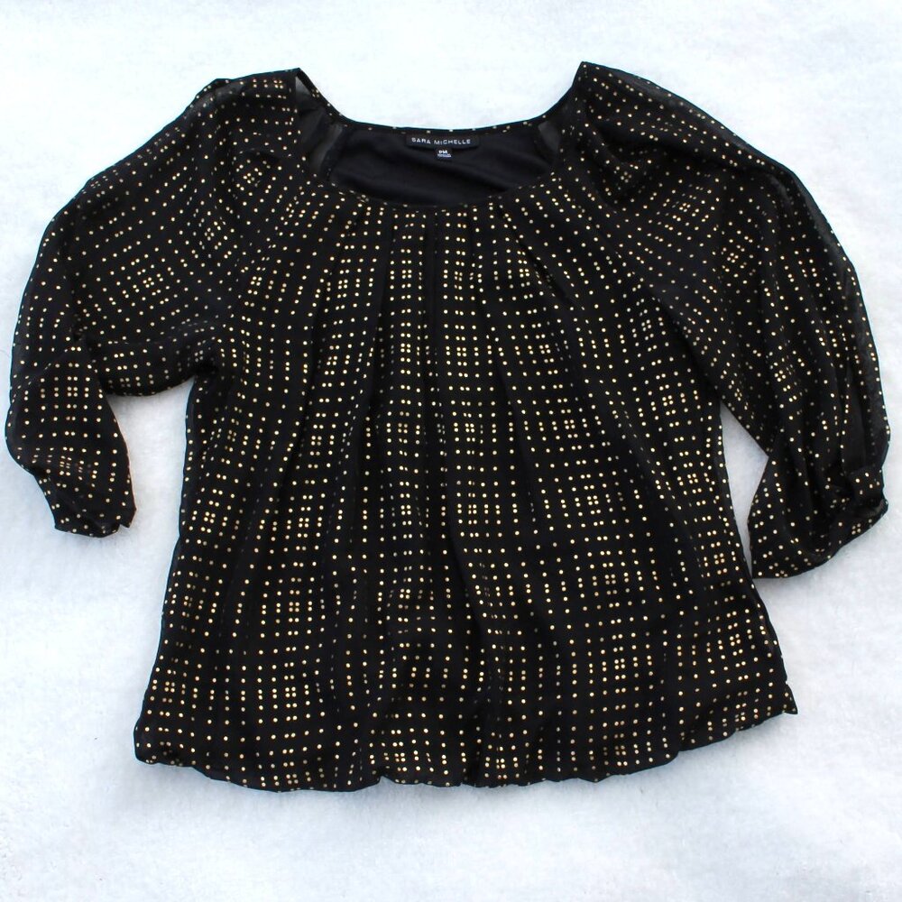 🖤💛Sara Michelle blouse women's Petite Medium black with gold polka dots
